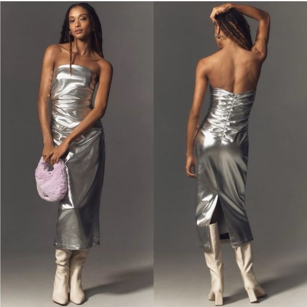 NWT Anthropologie The Soleil Slim Strapless Ruched Midi Silver Faux Leather $170